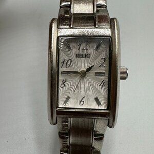 Relic Watch Women Silver Tone Rectangle Dial Water Resistant New Battery 6 Inch